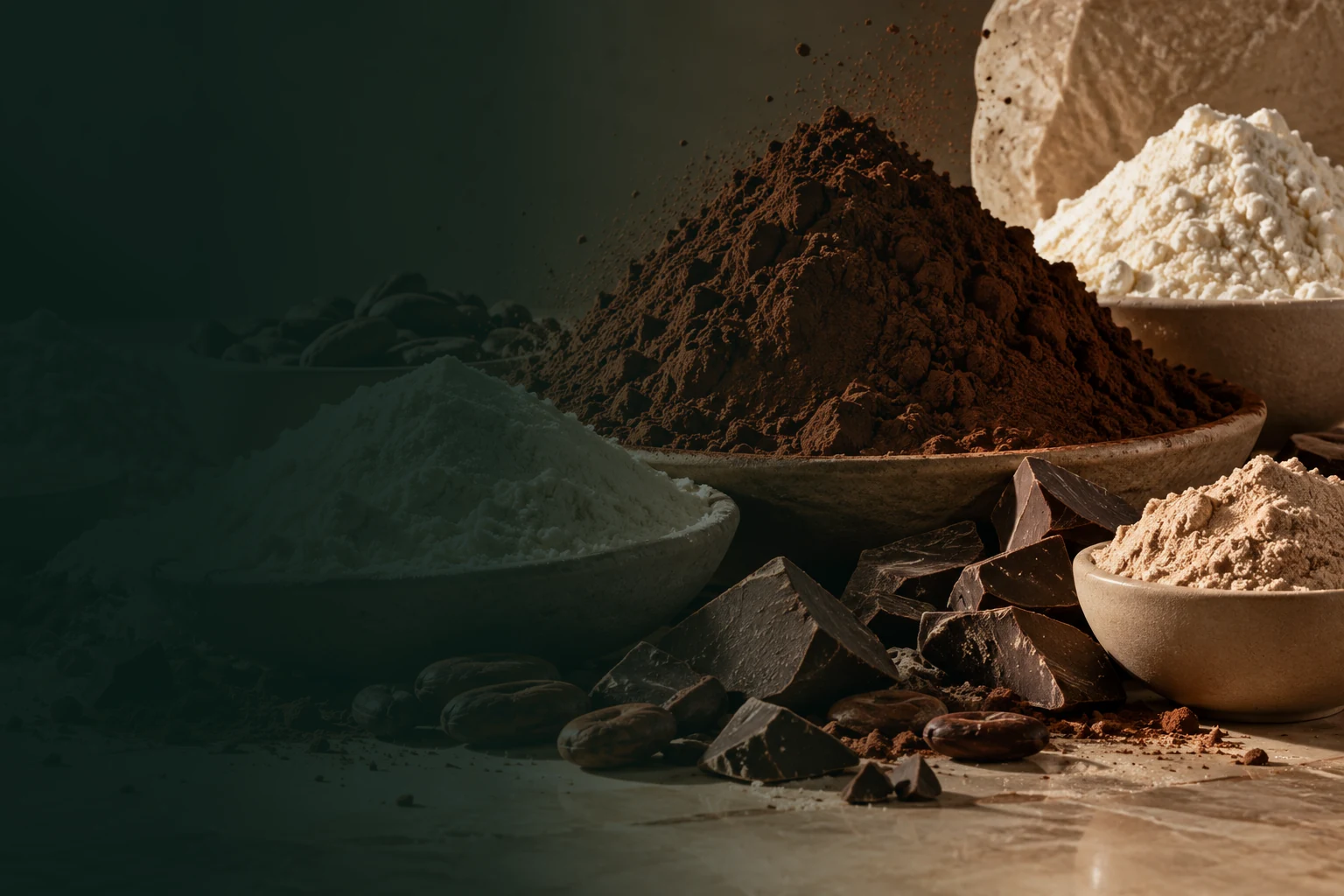 Composición editorial de cacao, leche en polvo, ingredientes y chocolate